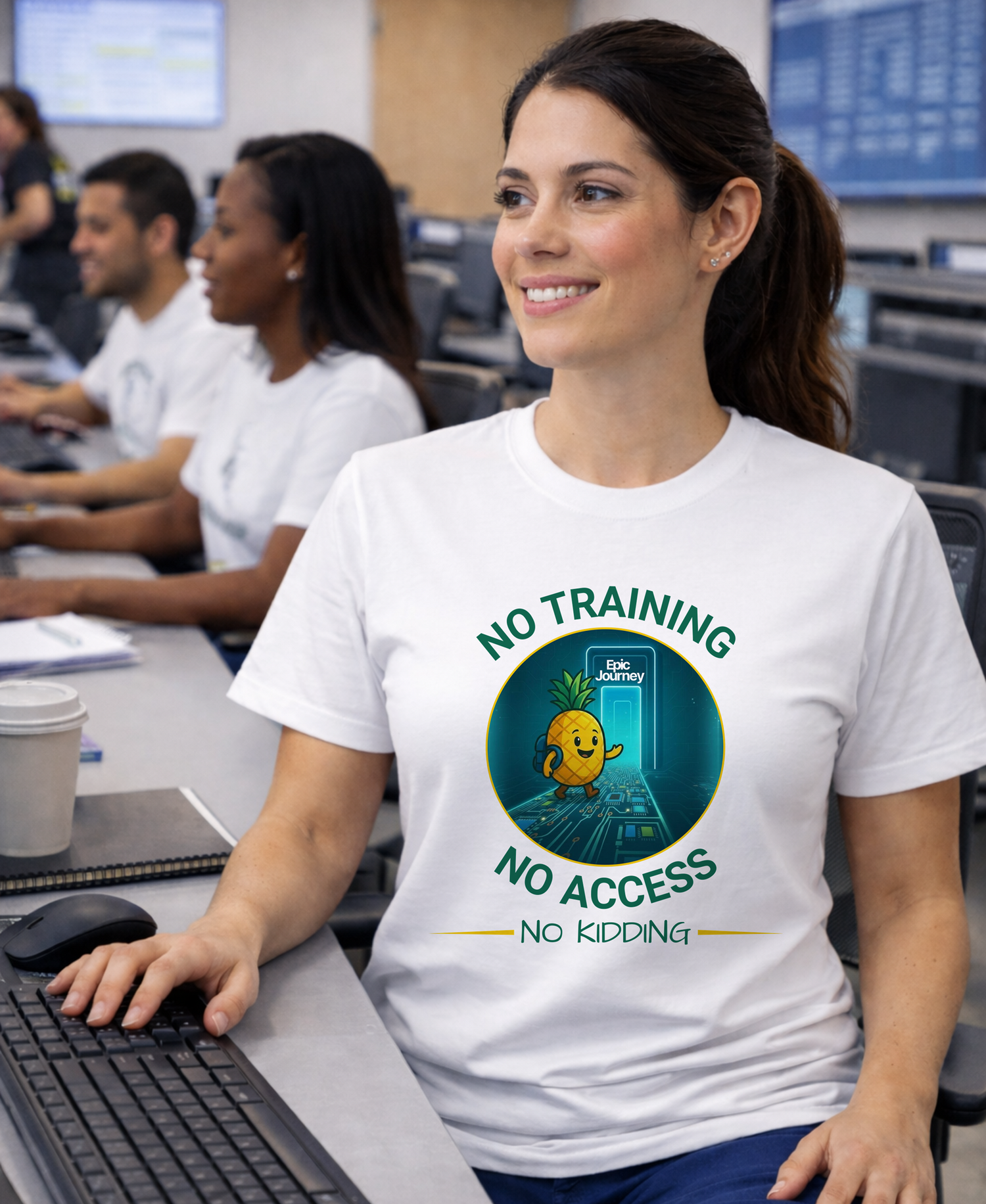 Black Epic Journey implementation T-shirt with pineapple design and “No Training, No Access, No Kidding” message, shown in a hospital training environment.