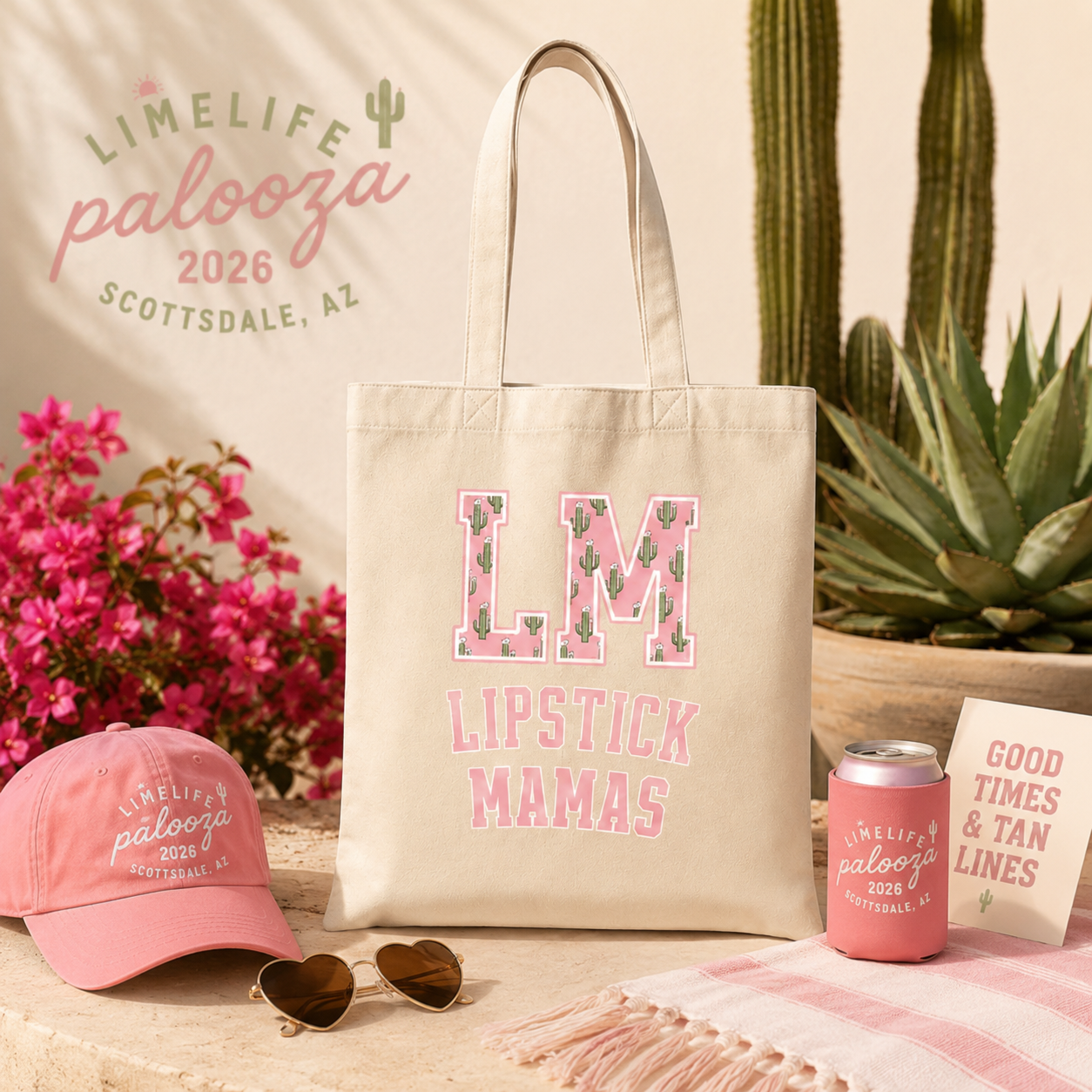 Lipstick Mamas cotton canvas tote featuring custom LM cactus varsity artwork for LimeLife Palooza 2026 in Scottsdale, Arizona.